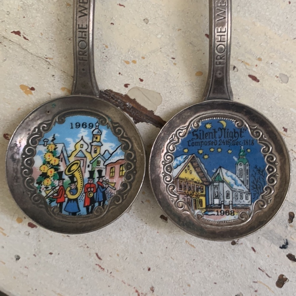 Vintage Enamel Christmas Spoons 1968 1969 Klepa Arts Germany Silent Night Lot 2